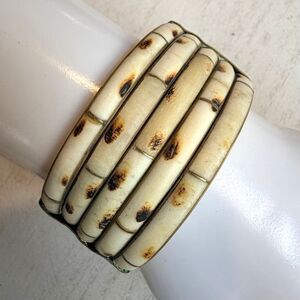 Vintage Bone Inlay Hinged Cuff Bracelet Gold Tone Multi Row Spotted Bamboo Style